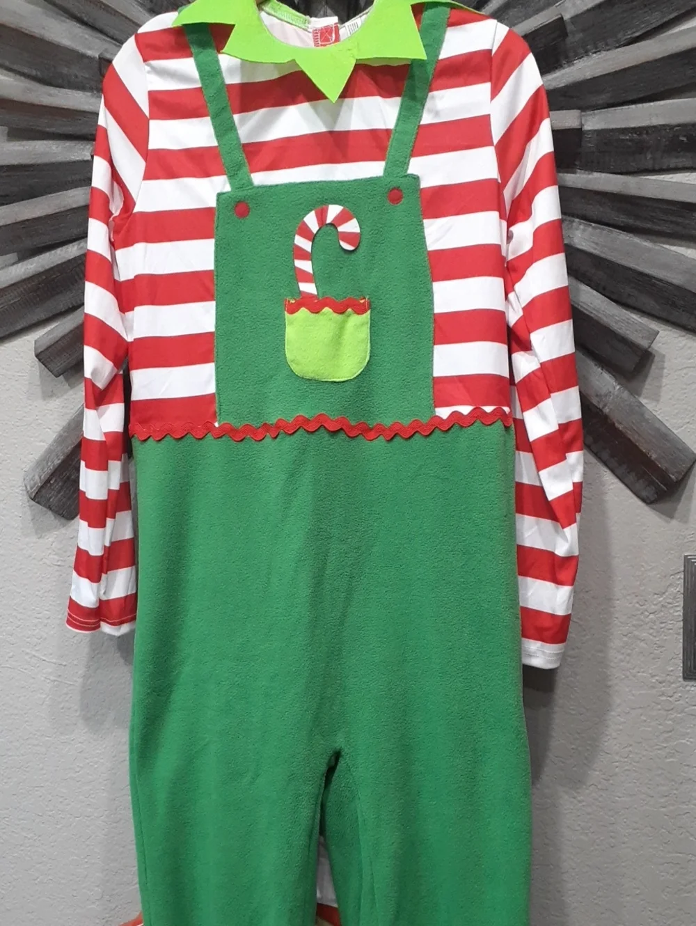Kids Green Elf Overalls Costume with Red-White Striped Top Hat And Elf Booties